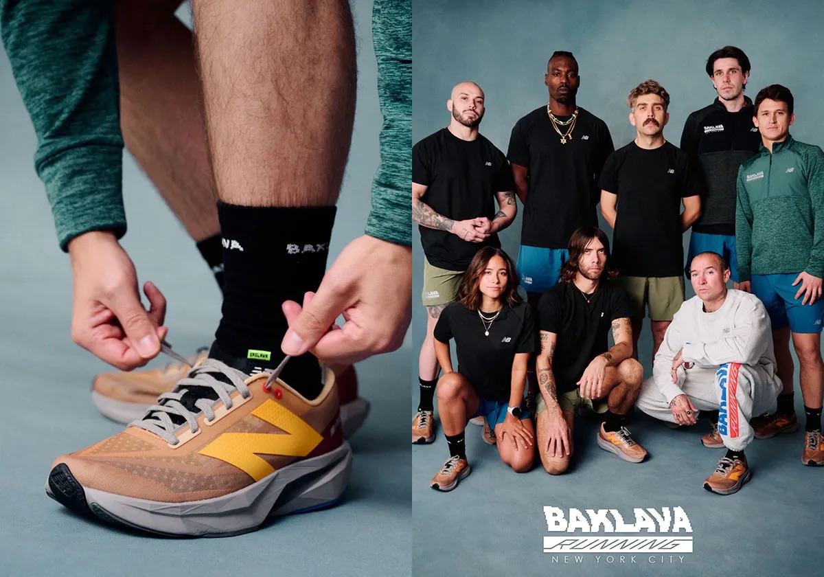 Close-up of a runner lacing Baklava-branded New Balance sneakers, paired with a team portrait of the Baklava Running crew wearing coordinated activewear in NYC.