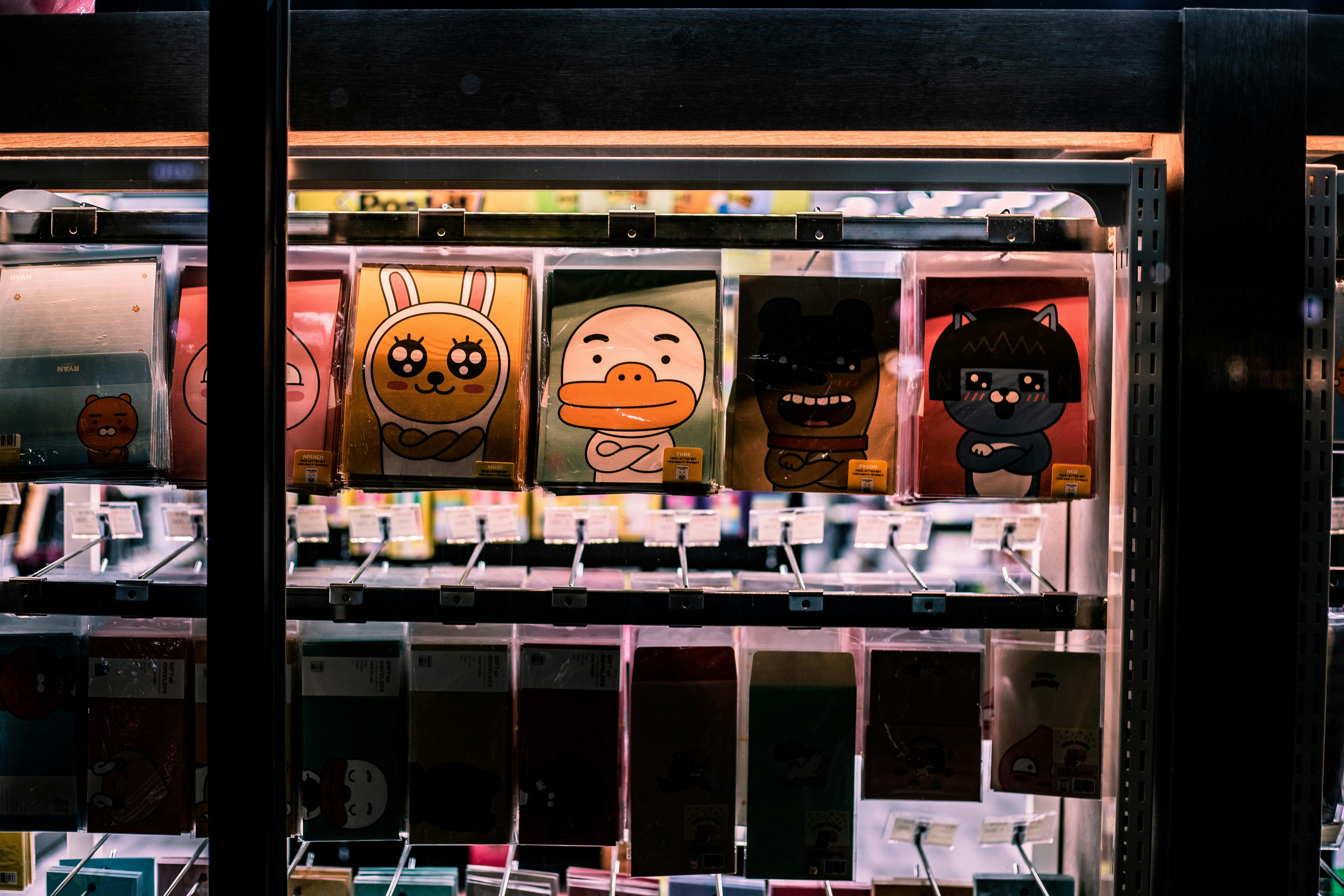Cartoon character stickers in a vending machine in Japan.