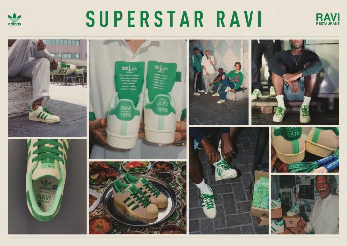 Collage of Adidas x Ravi Restaurant Superstar sneakers in green and cream, with streetwear styling and South Asian food elements.